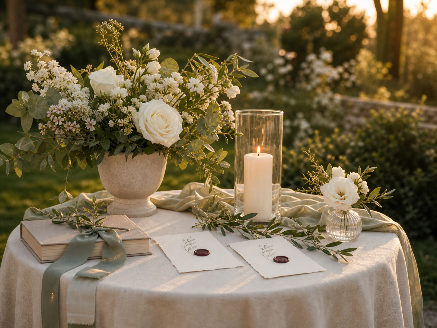 Tavolo con fiori, candela e oggetti simbolici per una ricorrenza familiare