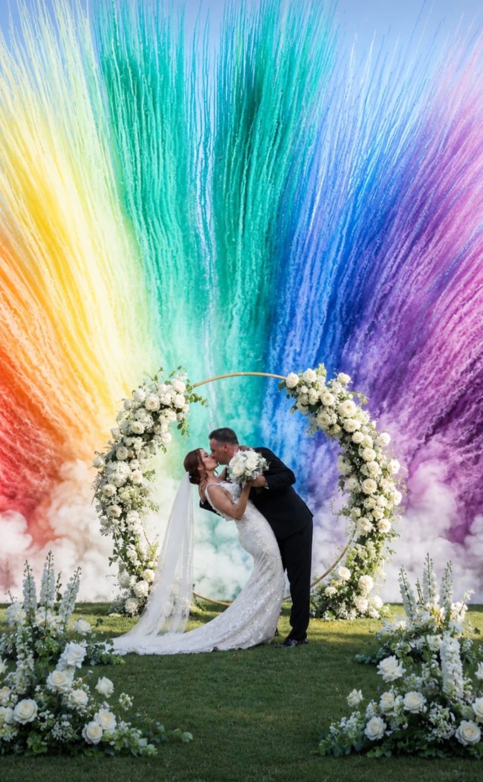 Sposi sotto un arco floreale con fumogeni colorati